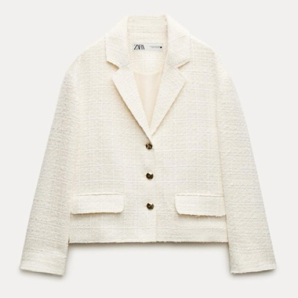 NWT ZARA Ivory Blazer Textured Jacket Cropped Coat Large